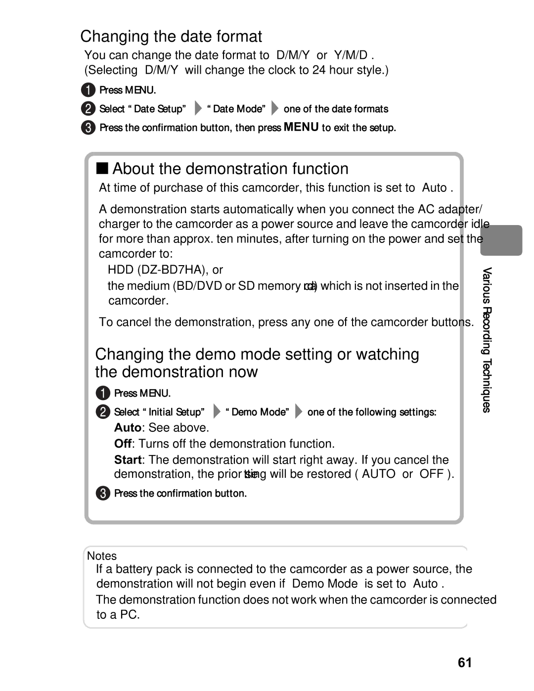 Hitachi DZ-BD7HA, DZ-BD70A instruction manual Changing the date format, „ About the demonstration function 