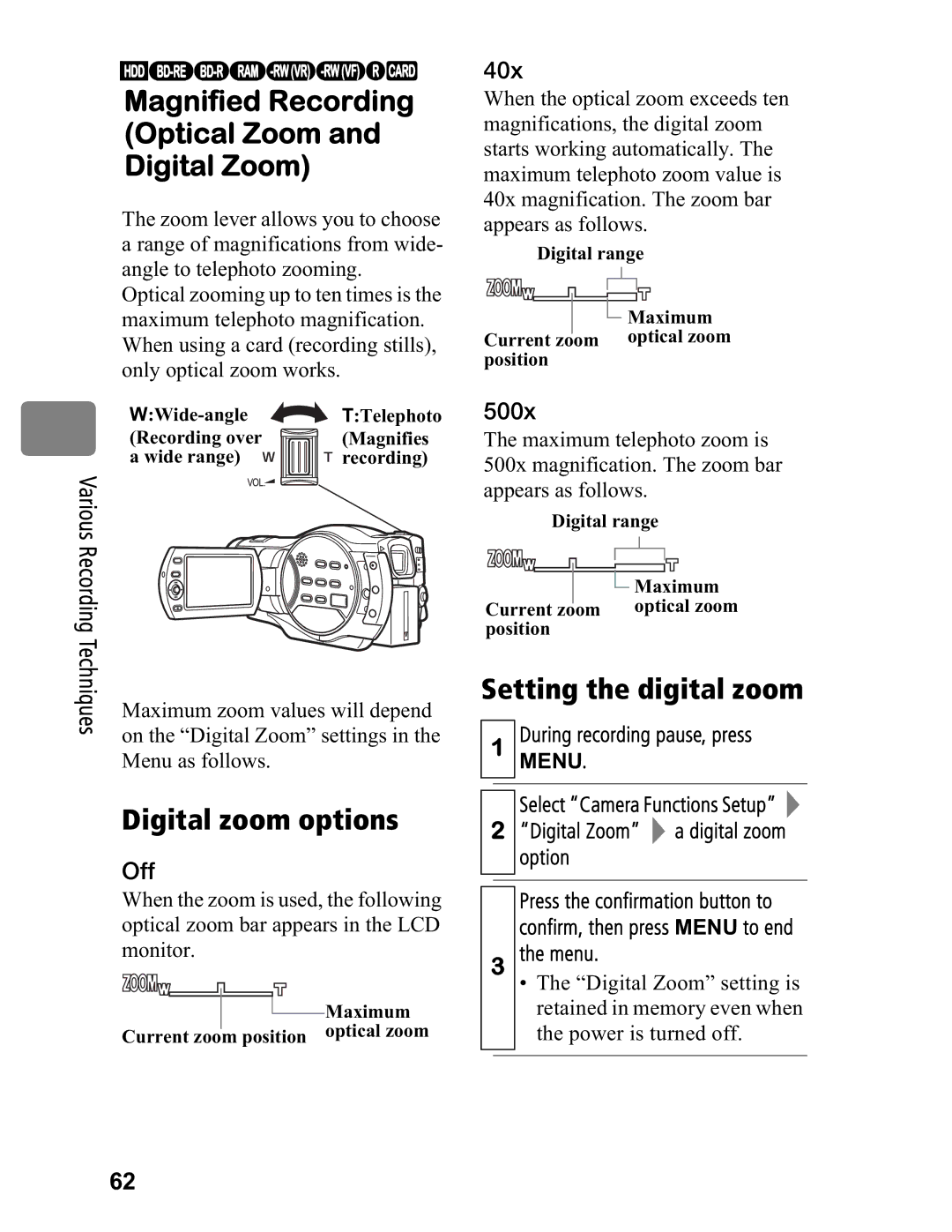 Hitachi DZ-BD70A, DZ-BD7HA Magnified Recording Optical Zoom Digital Zoom, Digital zoom options, Setting the digital zoom 