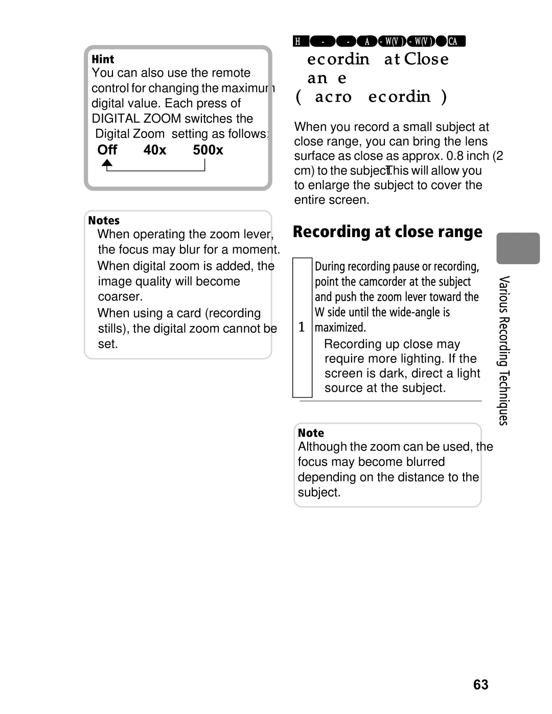 Hitachi DZ-BD7HA, DZ-BD70A instruction manual Recording at Close Range Macro Recording, Recording at close range 