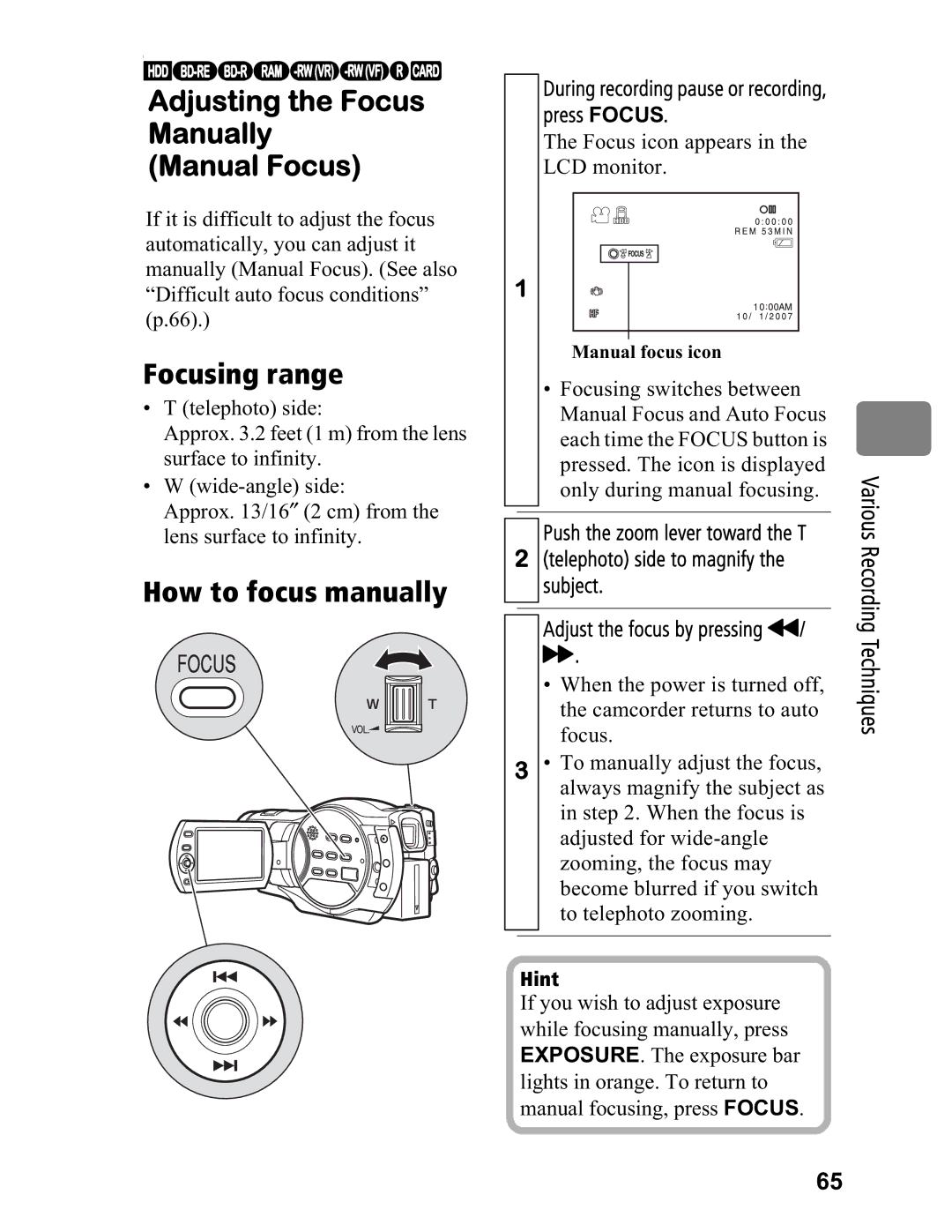 Hitachi DZ-BD7HA, DZ-BD70A Adjusting the Focus Manually Manual Focus, Focusing range, How to focus manually 