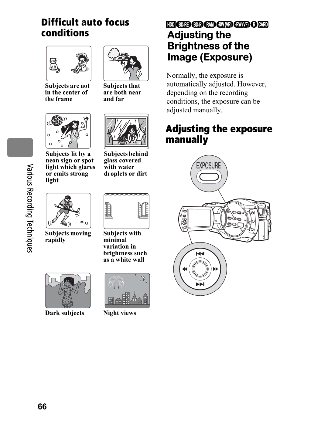 Hitachi DZ-BD70A Difficult auto focus conditions, Adjusting Brightness Image Exposure, Adjusting the exposure manually 