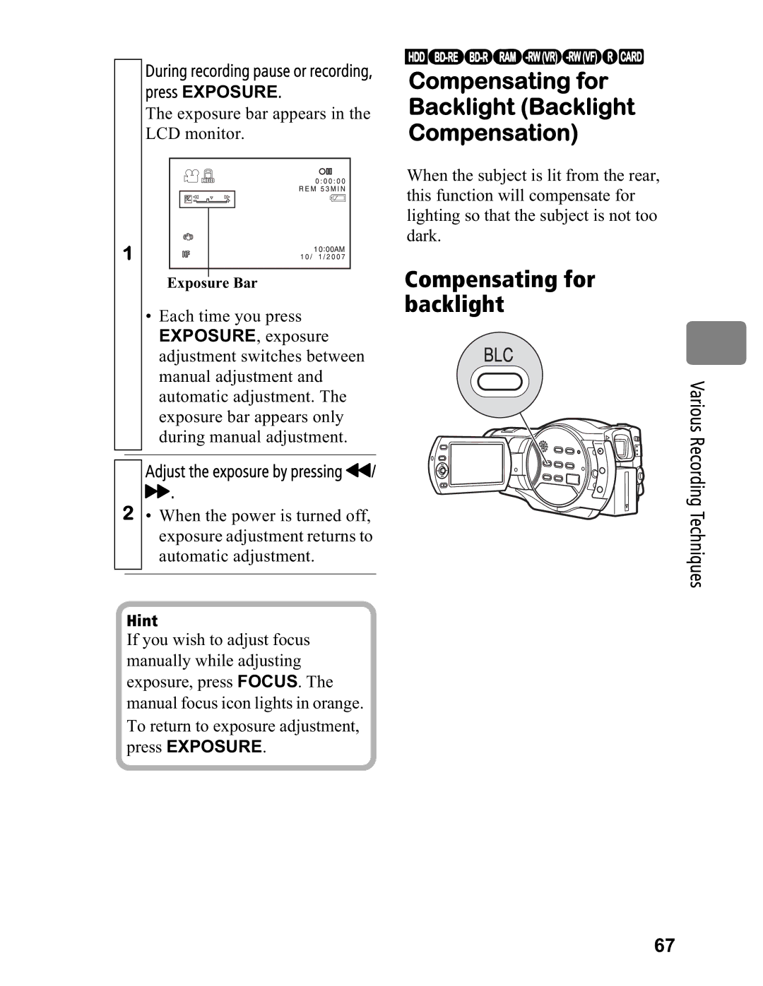 Hitachi DZ-BD7HA, DZ-BD70A instruction manual Compensating for backlight, Adjust the exposure by pressing &/ %, Exposure Bar 