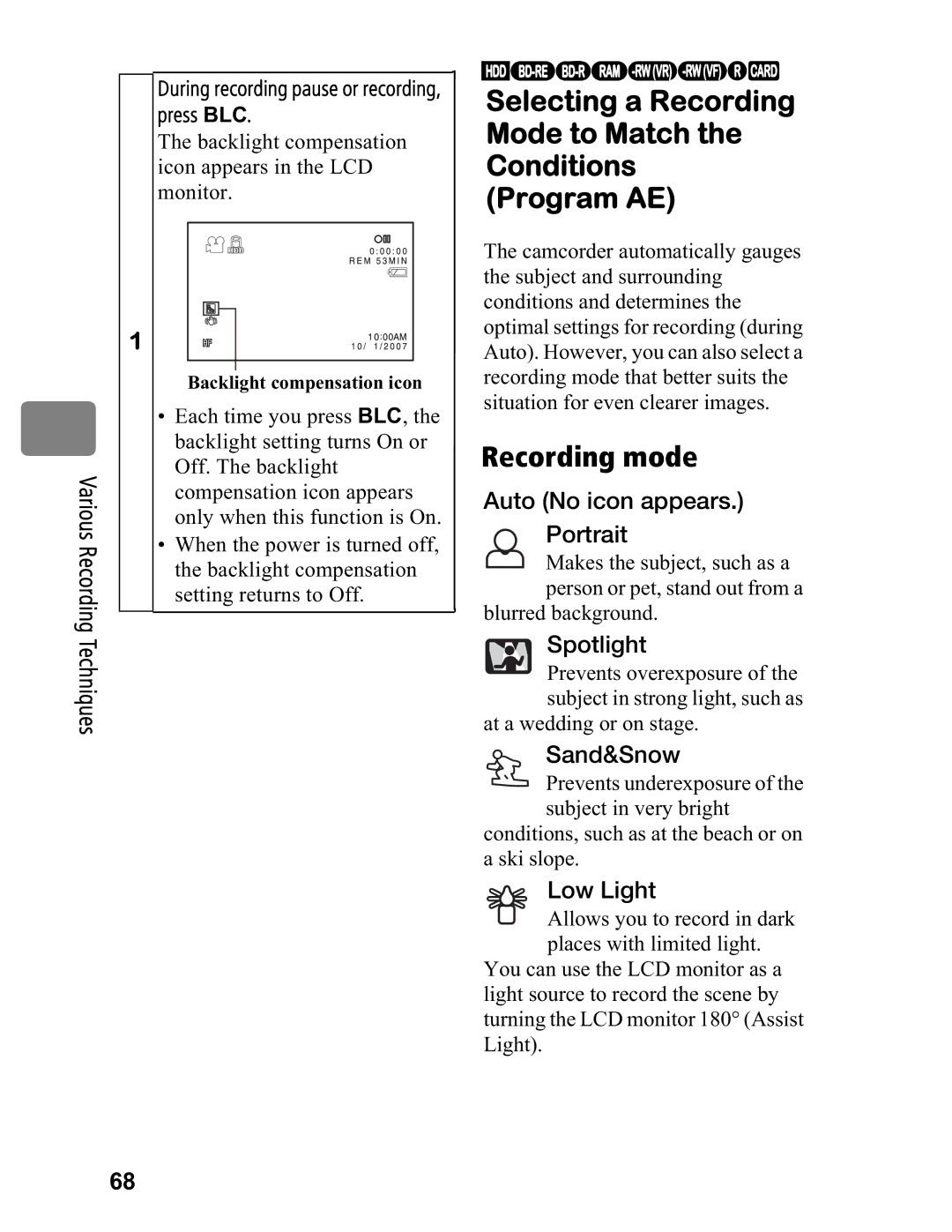 Hitachi DZ-BD70A Selecting a Recording Mode to Match Conditions Program AE, Recording mode, Backlight compensation icon 