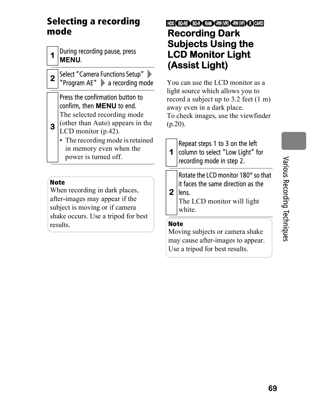 Hitachi DZ-BD7HA Selecting a recording mode, During recording pause, press Menu, Repeat steps 1 to 3 on the left, Lens 