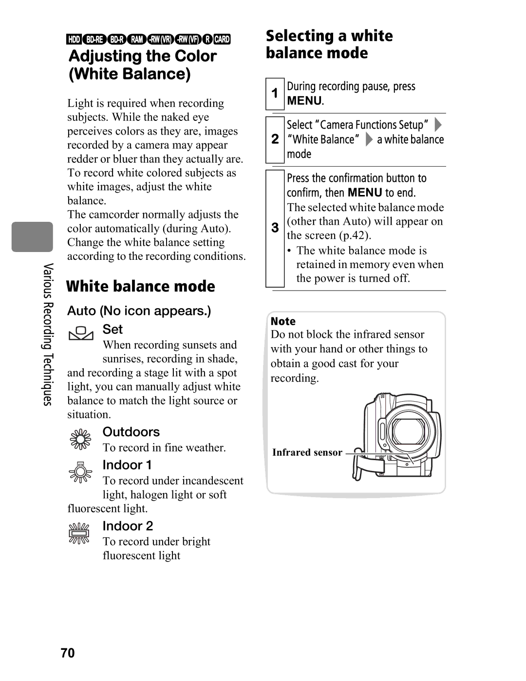 Hitachi DZ-BD70A, DZ-BD7HA instruction manual White balance mode, Selecting a white balance mode, Infrared sensor 