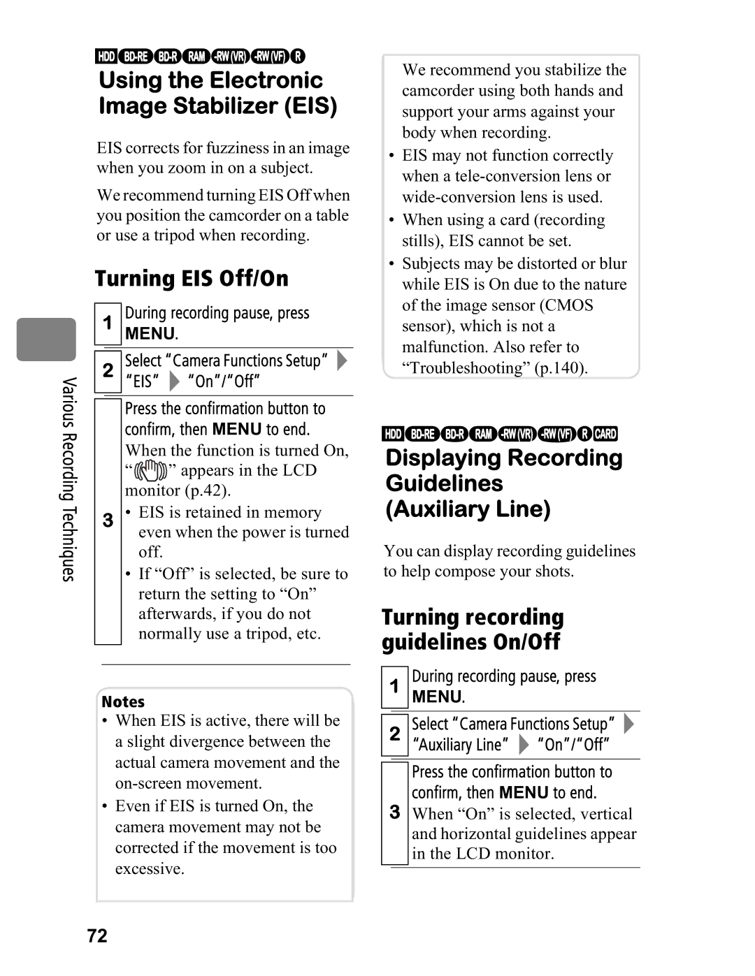 Hitachi DZ-BD70A, DZ-BD7HA instruction manual Turning EIS Off/On, Displaying Recording Guidelines Auxiliary Line, EIS On/Off 