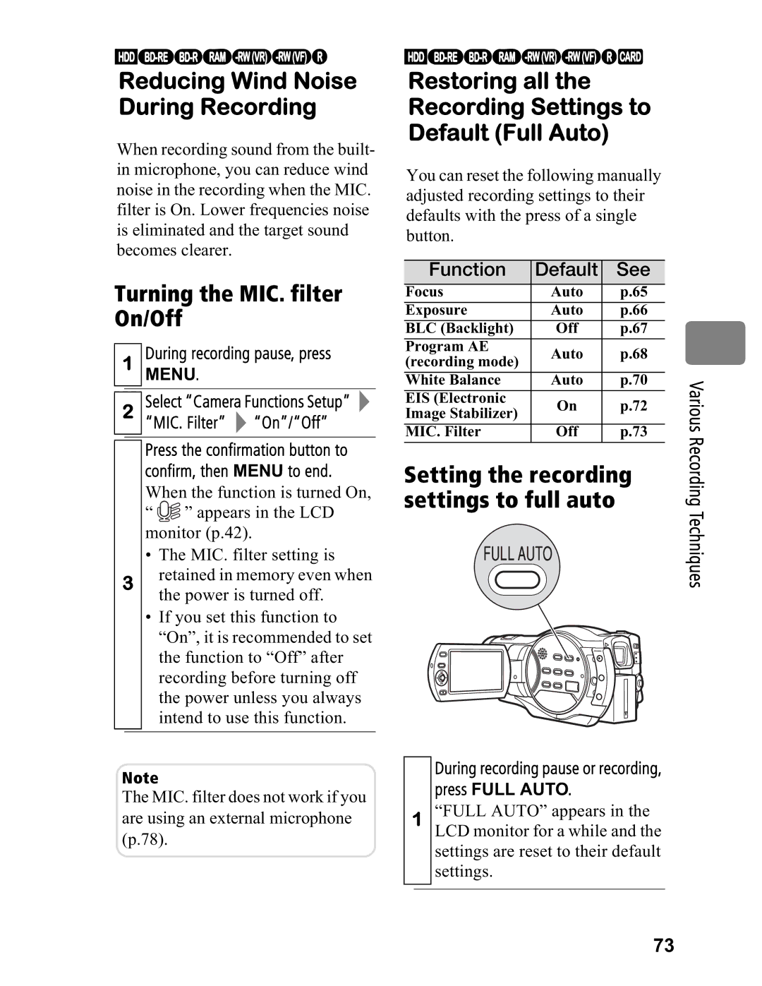 Hitachi DZ-BD7HA, DZ-BD70A instruction manual Turning the MIC. filter On/Off, Function Default See 