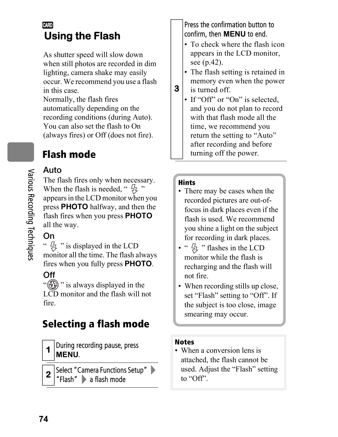 Hitachi DZ-BD70A, DZ-BD7HA instruction manual Using the Flash, Flash mode, Selecting a flash mode, Flash a flash mode 