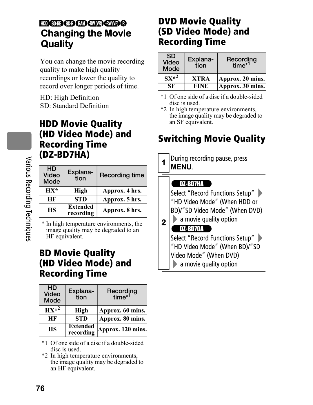 Hitachi DZ-BD70A Changing the Movie Quality, HDD Movie Quality, HD Video Mode, Recording Time, Switching Movie Quality 