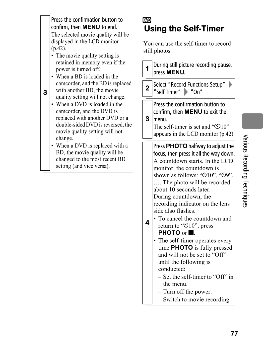 Hitachi DZ-BD7HA, DZ-BD70A instruction manual Using the Self-Timer, Self Timer On, Menu, Photo or  