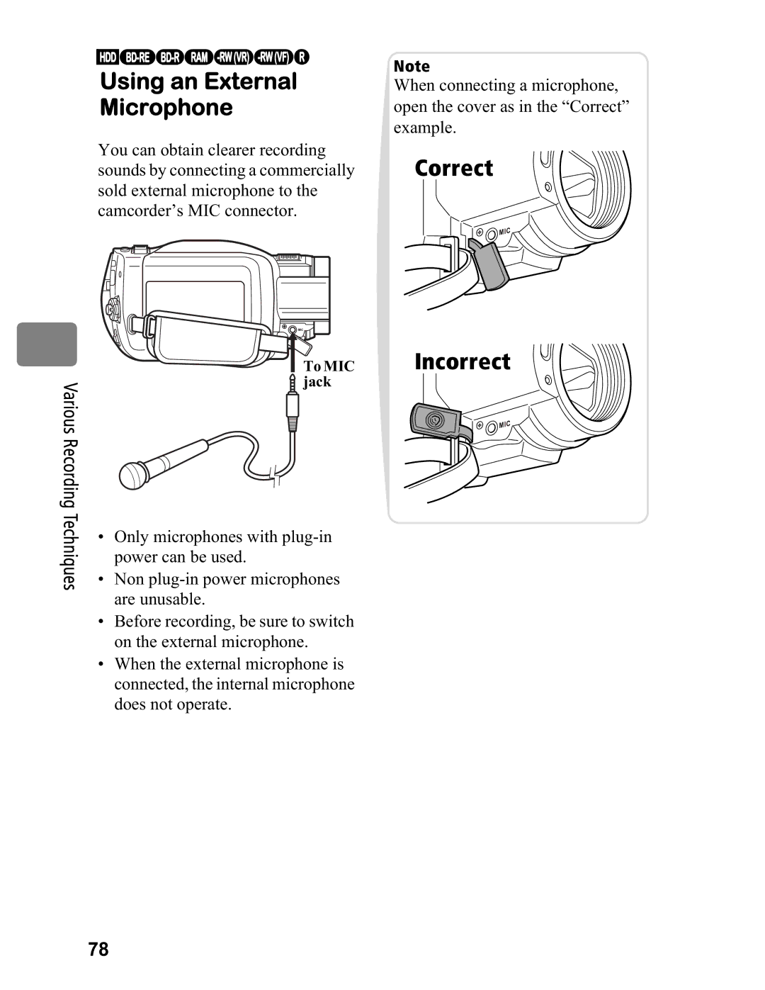 Hitachi DZ-BD70A, DZ-BD7HA instruction manual Correct Incorrect, To MIC Jack 