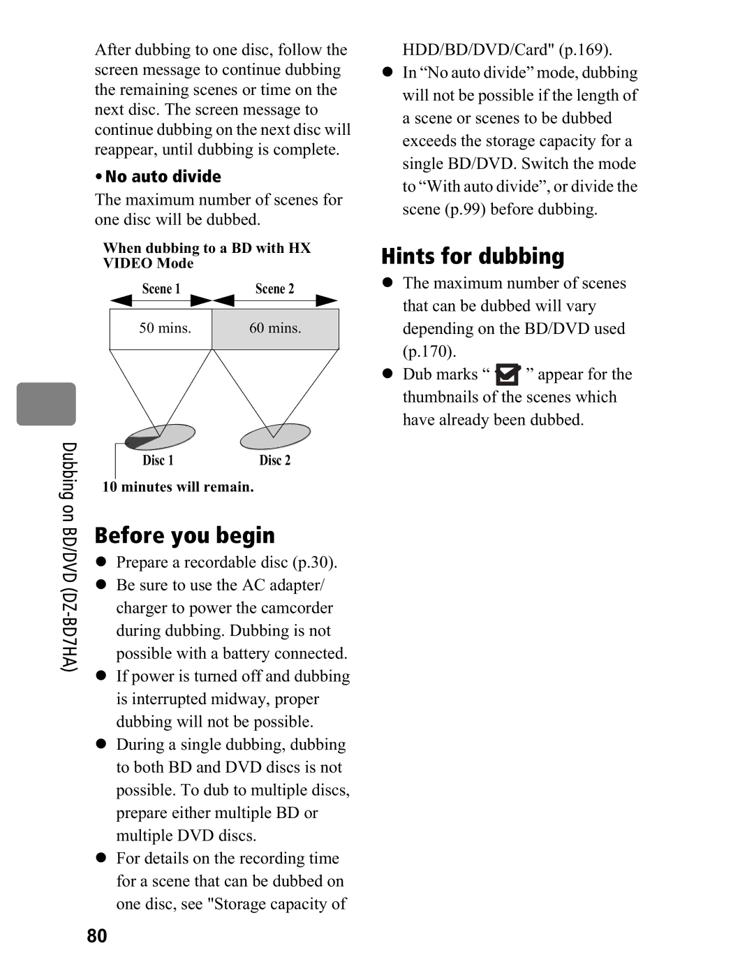 Hitachi DZ-BD70A Before you begin, Hints for dubbing, No auto divide, When dubbing to a BD with HX Video Mode Scene 