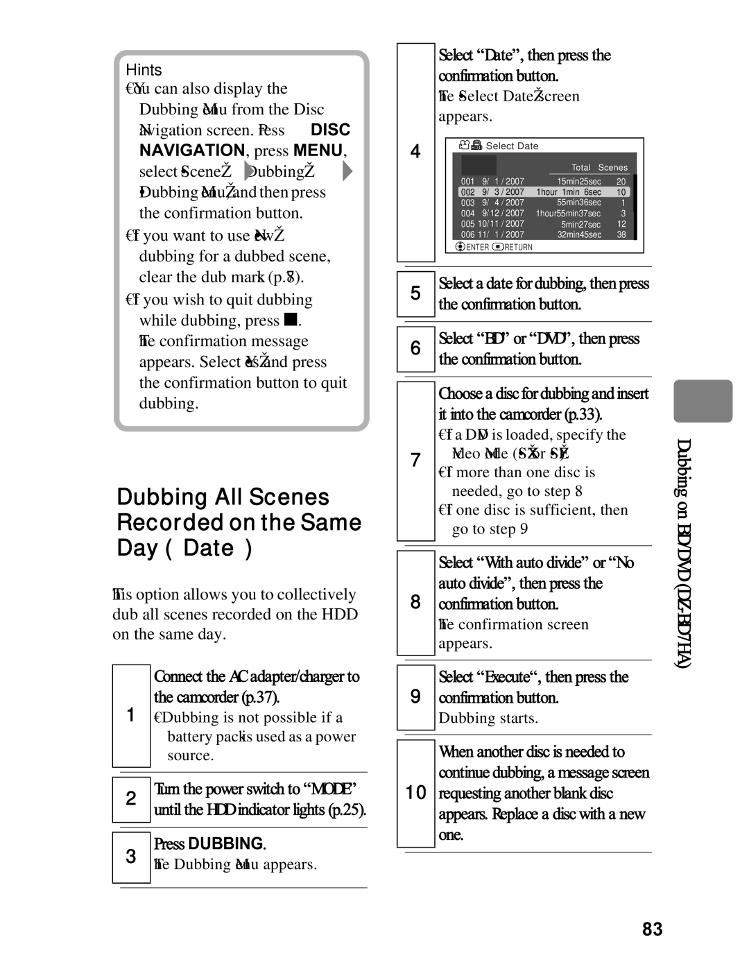 Hitachi DZ-BD7HA, DZ-BD70A instruction manual Dubbing All Scenes Recorded on the Same Day Date, Select Execute, then press 