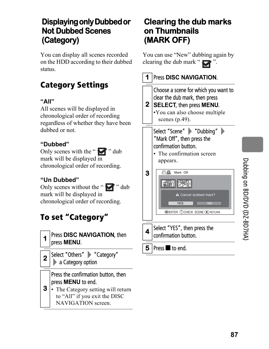 Hitachi DZ-BD7HA, DZ-BD70A instruction manual Not Dubbed Scenes On Thumbnails Category, Category Settings, To set Category 