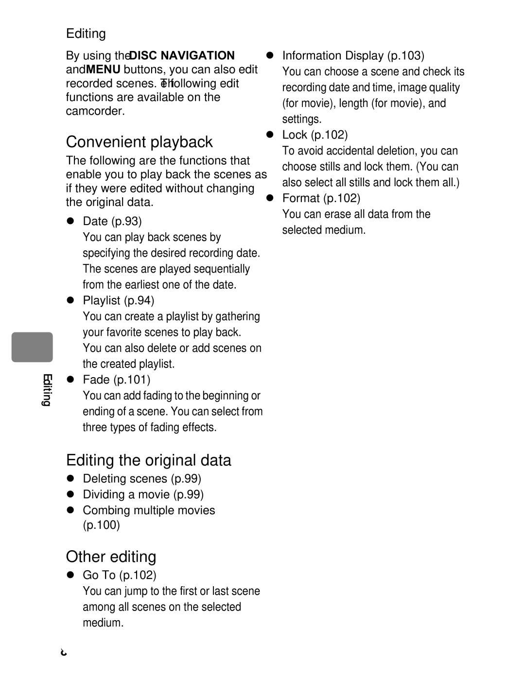 Hitachi DZ-BD70A, DZ-BD7HA instruction manual Convenient playback, Editing the original data, Other editing 