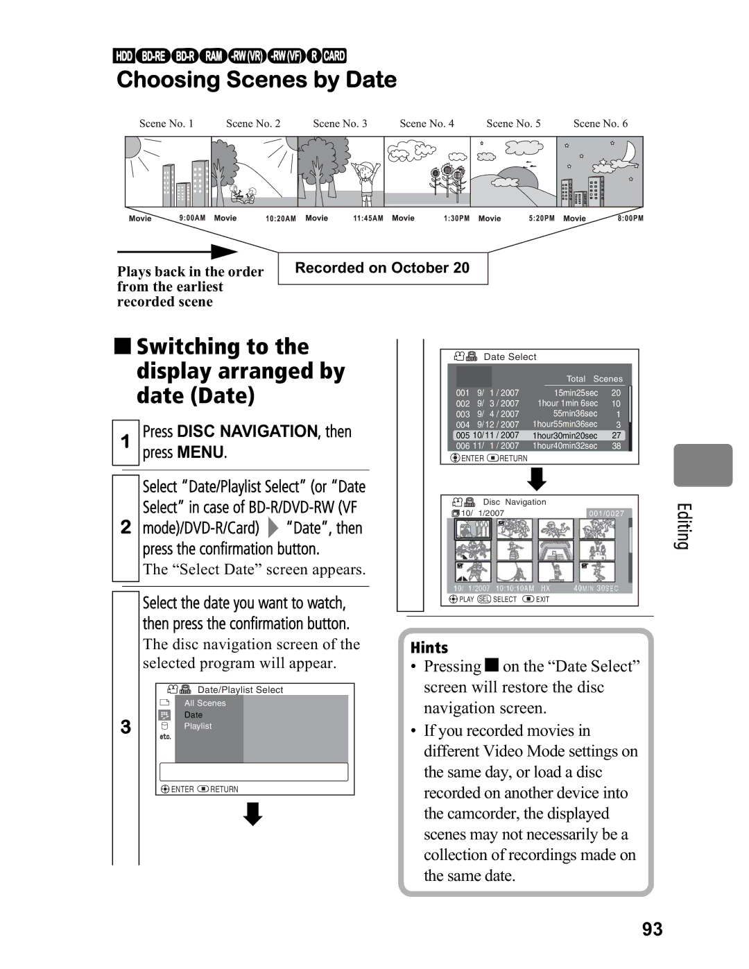 Hitachi DZ-BD7HA Choosing Scenes by Date, „ Switching to the display arranged by date Date, Plays back in the order 