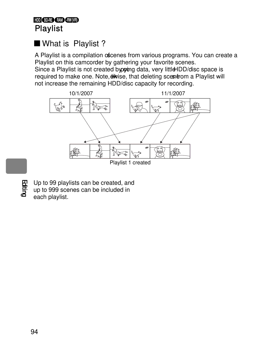 Hitachi DZ-BD70A, DZ-BD7HA instruction manual Playlist „ What is Playlist?, 10/1/200711/1/2007 Playlist 1 created 