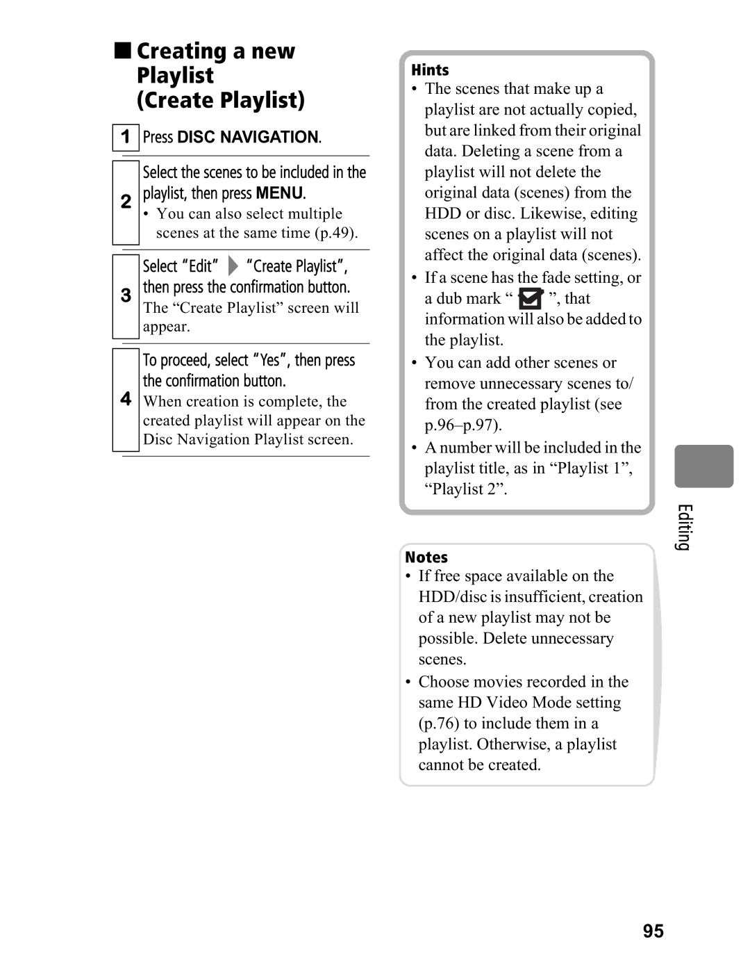 Hitachi DZ-BD7HA, DZ-BD70A instruction manual „ Creating a new Playlist Create Playlist, Select Edit Create Playlist 