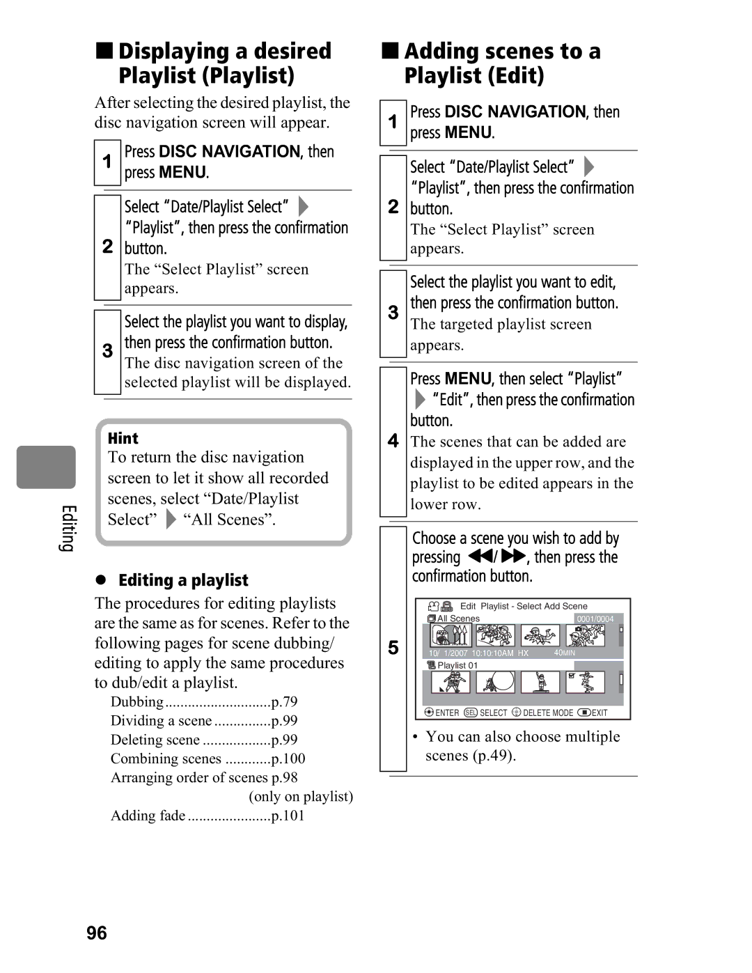 Hitachi DZ-BD70A „ Displaying a desired Playlist Playlist, „ Adding scenes to a Playlist Edit, Editing a playlist 