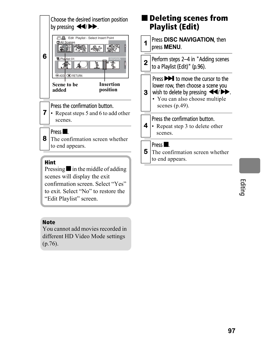 Hitachi DZ-BD7HA, DZ-BD70A instruction manual „ Deleting scenes from Playlist Edit, Wish to delete by pressing &/ % 