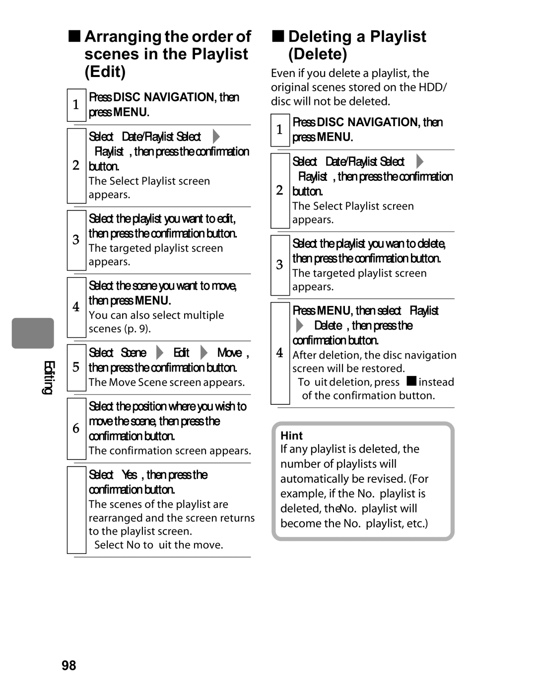 Hitachi DZ-BD70A „ Arranging the order of scenes in the Playlist Edit, „ Deleting a Playlist Delete, Then press Menu 