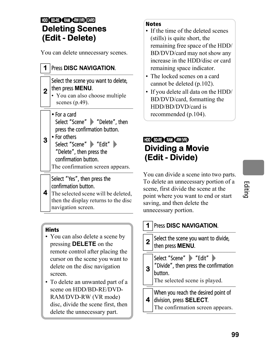 Hitachi DZ-BD7HA, DZ-BD70A instruction manual Dividing a Movie Edit Divide, For a card, For others, Select Scene Edit 