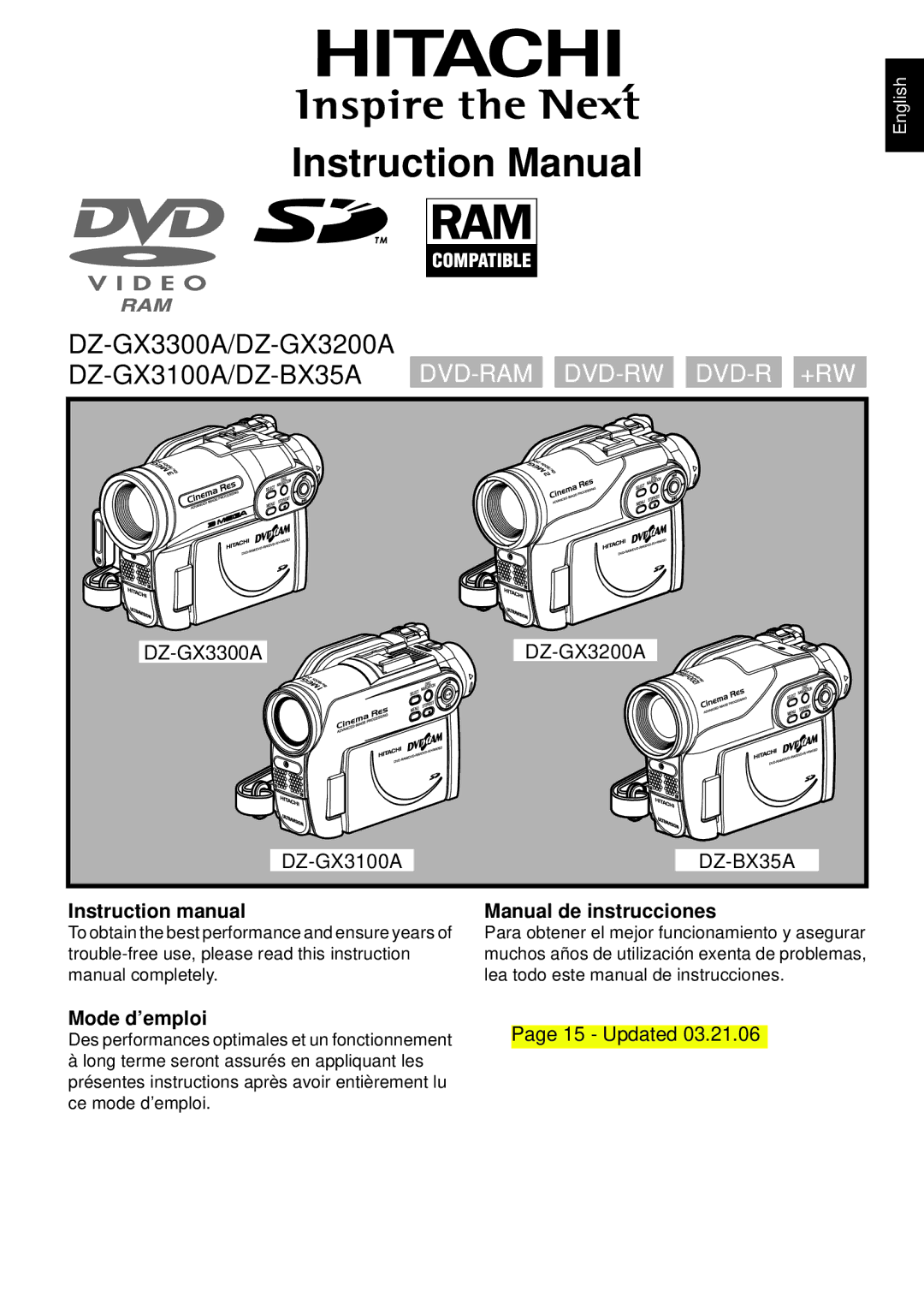 Hitachi DZ-BX35A, DZ-GX3100A, DZ-GX3300A, DZ-GX3200A instruction manual Manual de instrucciones, Mode d’emploi 