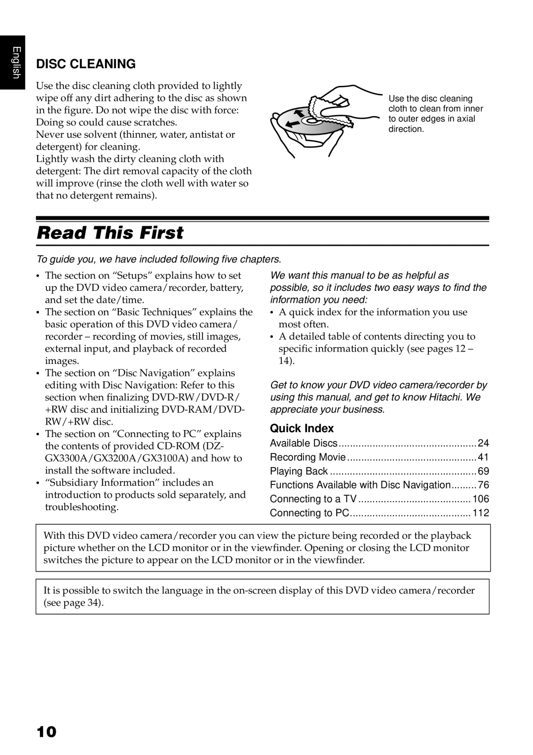 Hitachi DZ-GX3300A, DZ-GX3100A, DZ-BX35A, DZ-GX3200A instruction manual Read This First, Disc Cleaning, Quick Index 