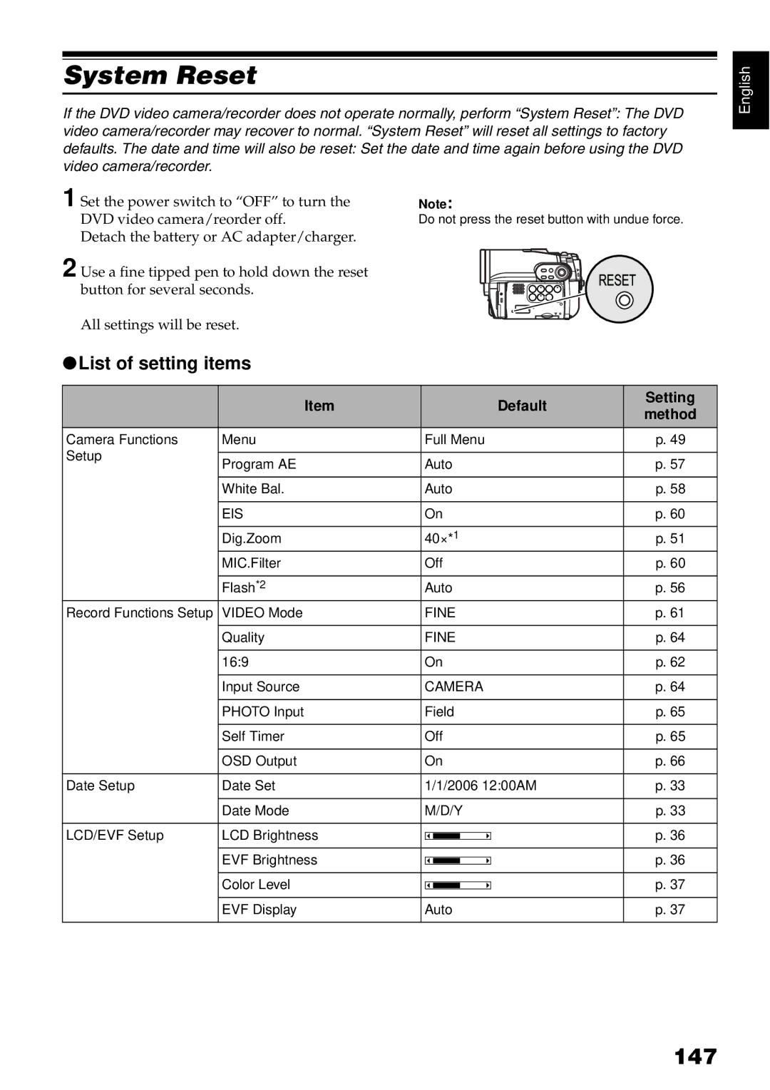 Hitachi DZ-GX3200A, DZ-GX3100A, DZ-BX35A, DZ-GX3300A System Reset, 147, List of setting items, Default Setting 