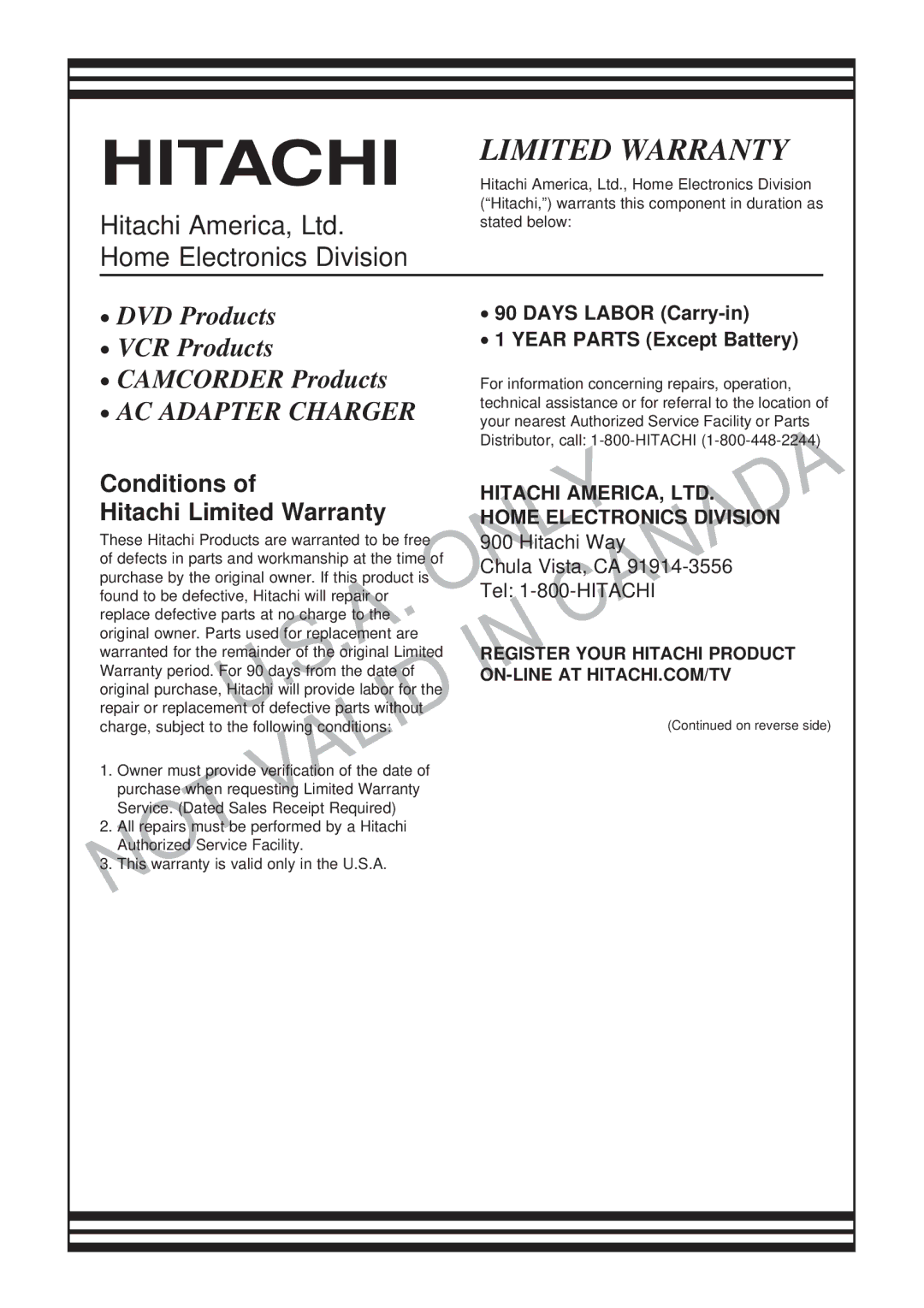 Hitachi DZ-GX3200A, DZ-GX3100A, DZ-BX35A, DZ-GX3300A instruction manual Days Labor Carry-in, Year Parts Except Battery 