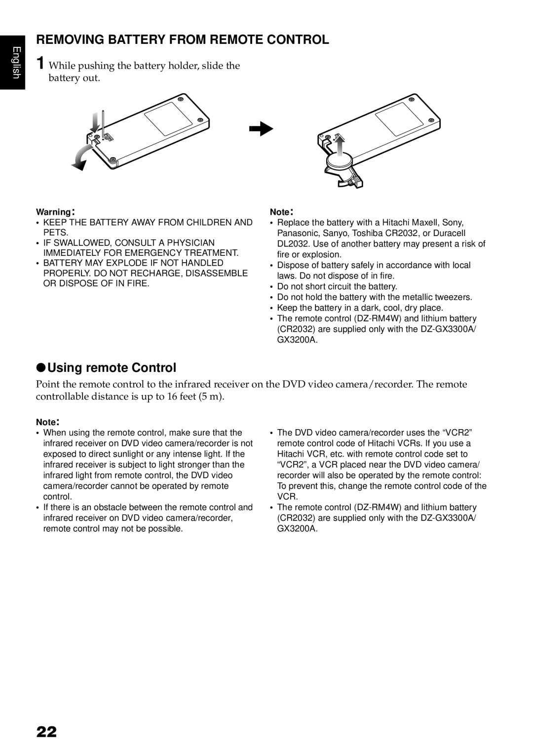 Hitachi DZ-GX3300A, DZ-GX3100A, DZ-BX35A, DZ-GX3200A Removing Battery from Remote Control, Using remote Control 