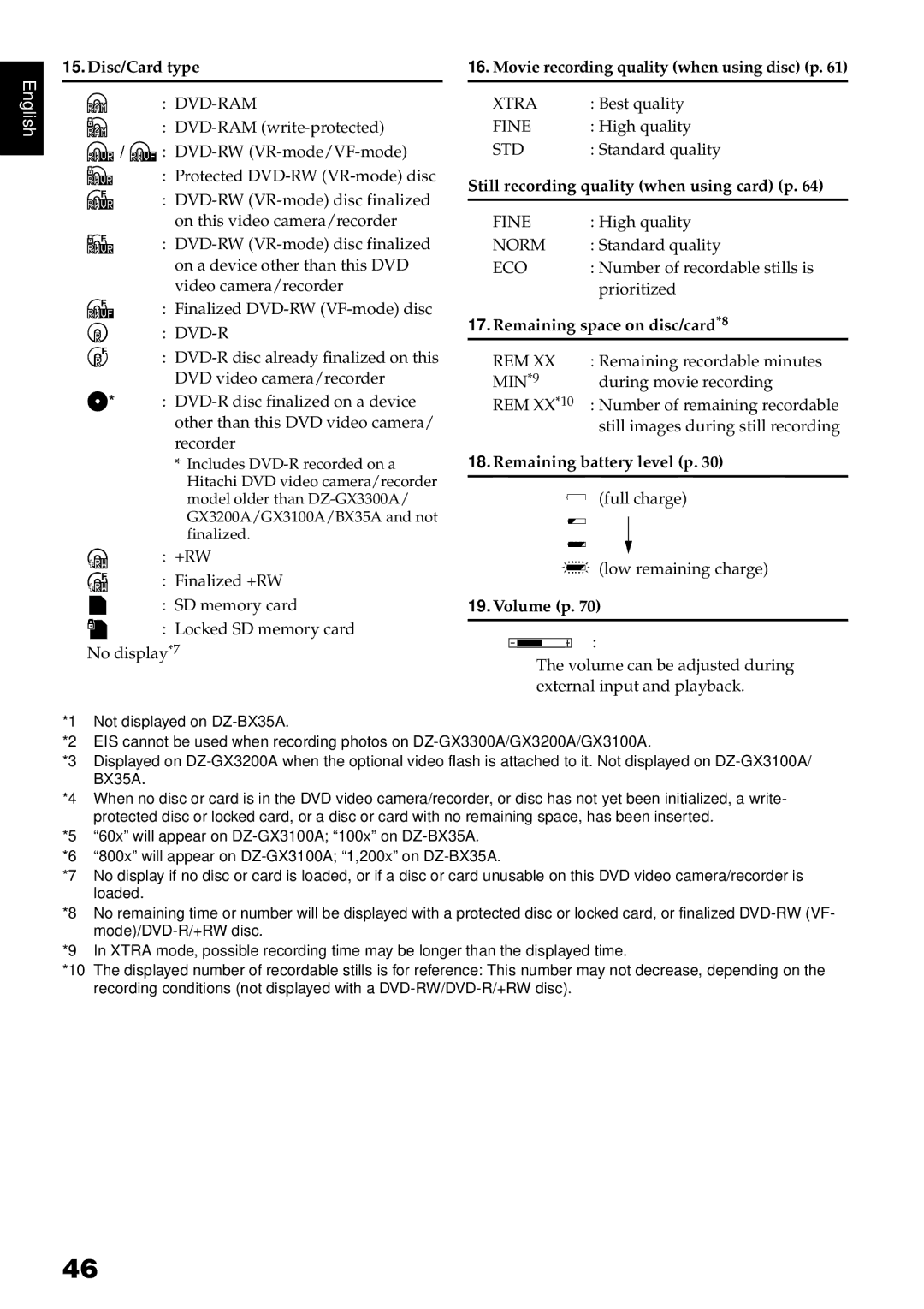 Hitachi DZ-GX3300A, DZ-GX3100A, DZ-BX35A, DZ-GX3200A instruction manual Movie recording quality when using disc p 