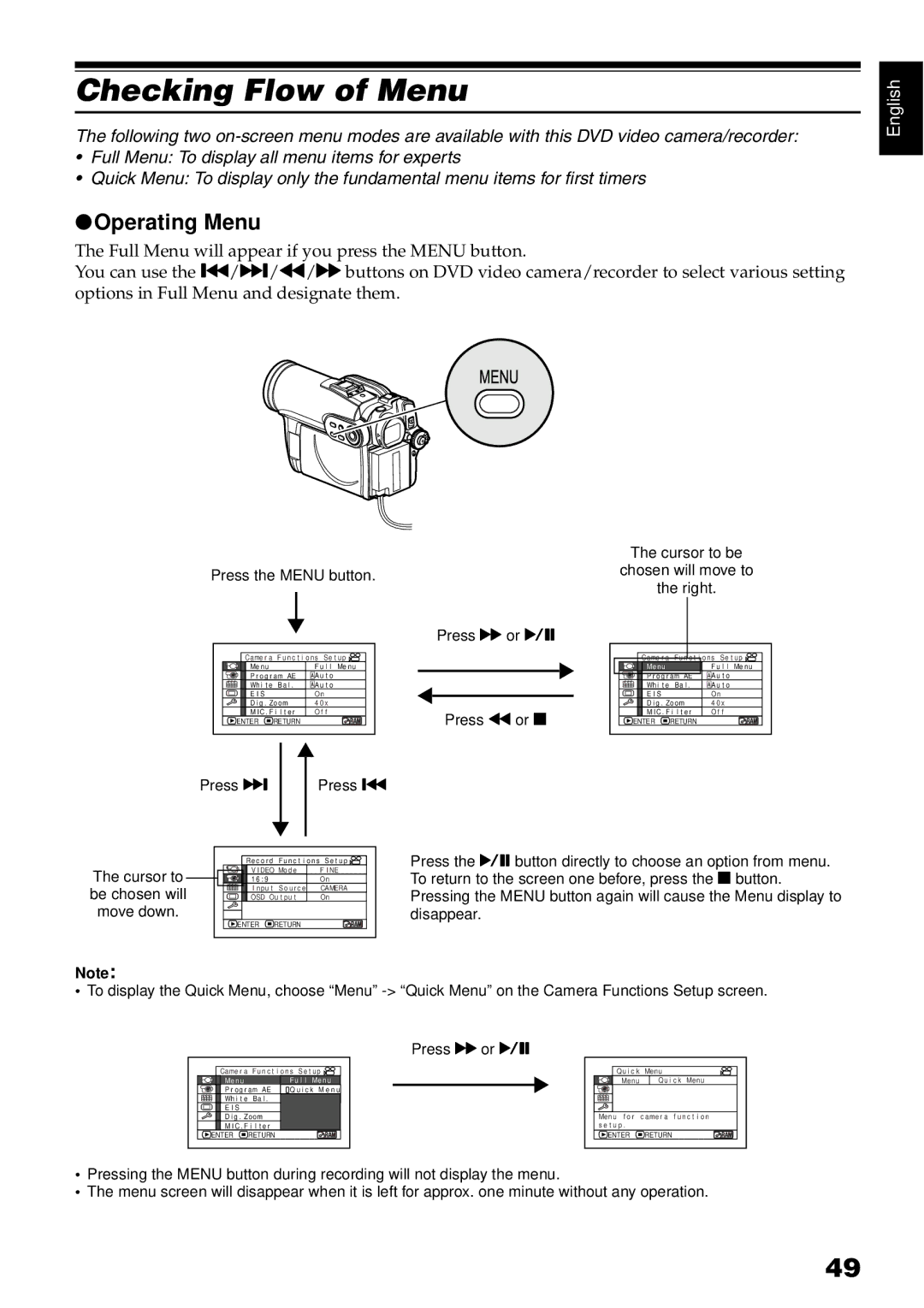 Hitachi DZ-BX35A, DZ-GX3100A, DZ-GX3300A, DZ-GX3200A instruction manual Checking Flow of Menu, Operating Menu 