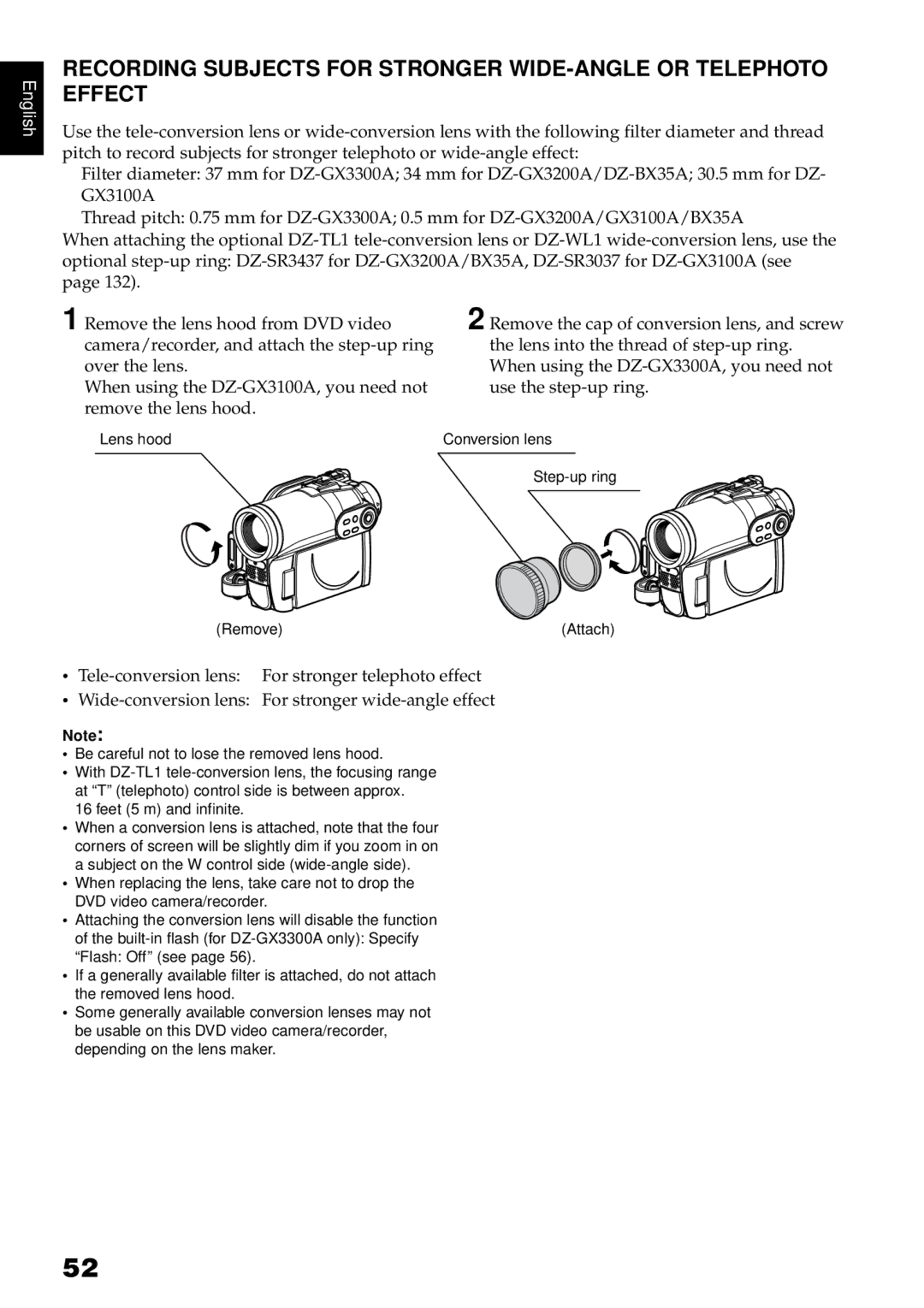 Hitachi DZ-GX3100A, DZ-BX35A, DZ-GX3300A, DZ-GX3200A instruction manual Lens hood Conversion lens Step-up ring Remove Attach 