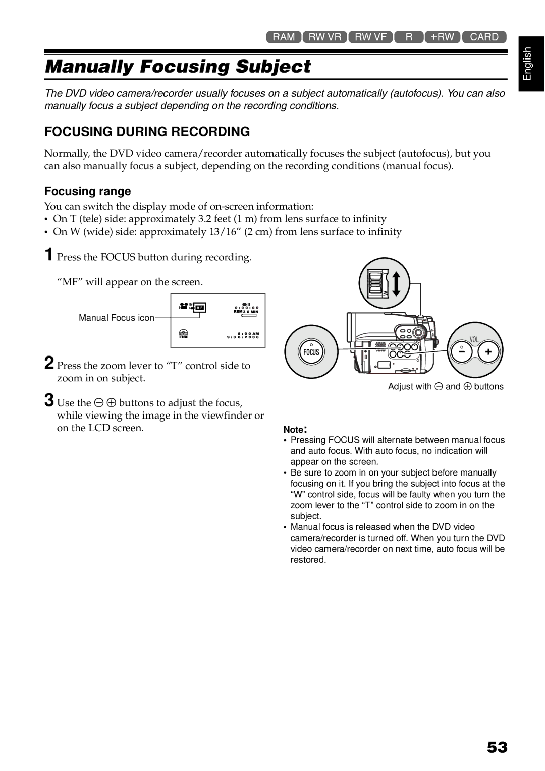 Hitachi DZ-BX35A, DZ-GX3100A, DZ-GX3300A, DZ-GX3200A Manually Focusing Subject, Focusing During Recording, Focusing range 