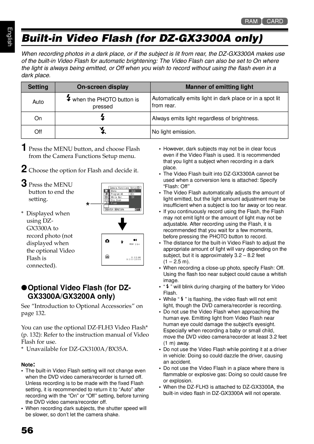 Hitachi DZ-GX3100A, DZ-BX35A Built-in Video Flash for DZ-GX3300A only, Optional Video Flash for DZ- GX3300A/GX3200A only 