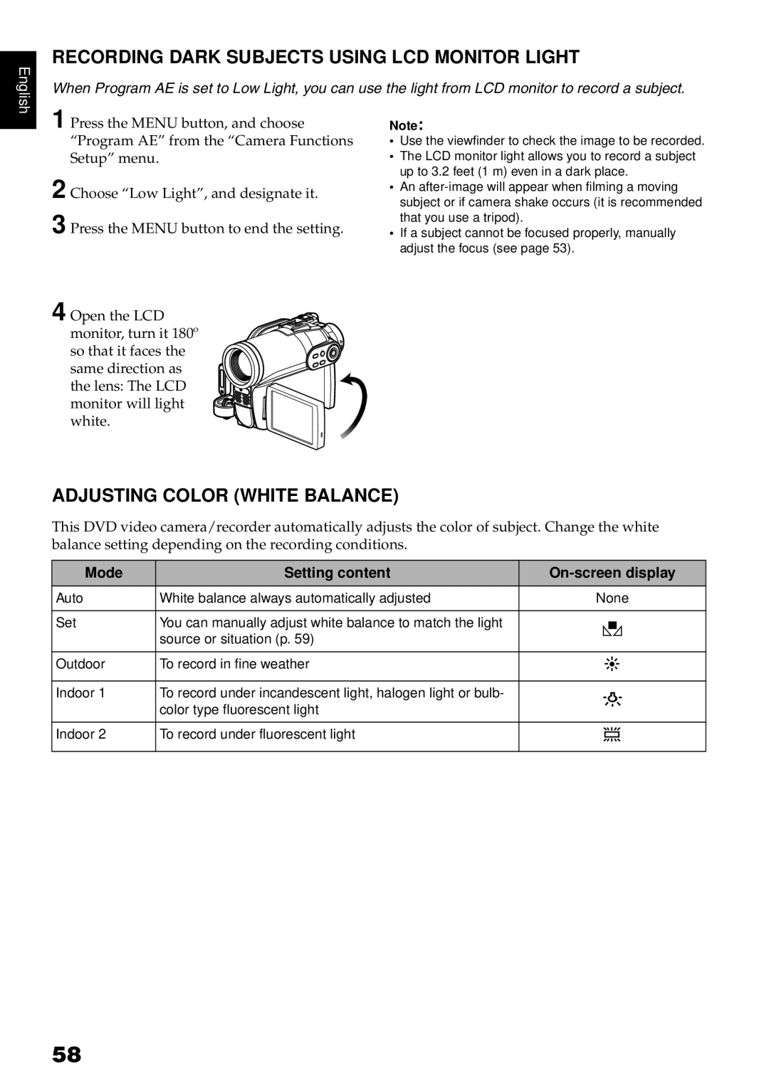 Hitachi DZ-GX3300A, DZ-GX3100A, DZ-BX35A Recording Dark Subjects Using LCD Monitor Light, Adjusting Color White Balance 