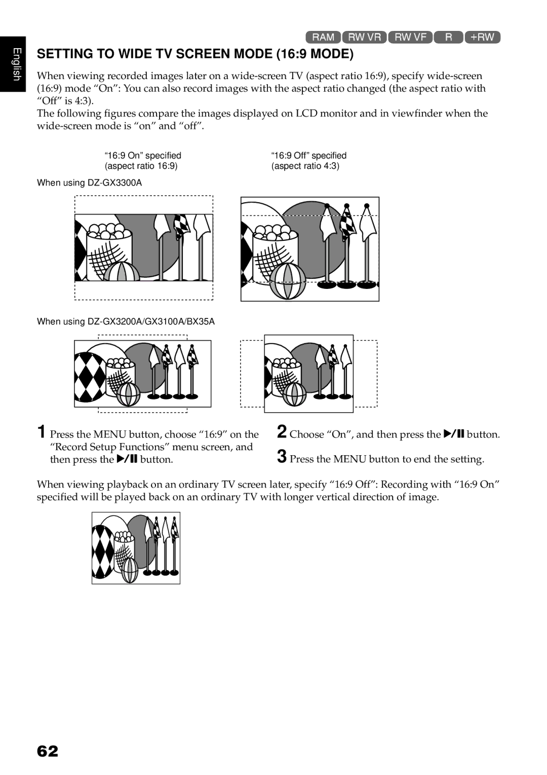 Hitachi DZ-GX3300A, DZ-GX3100A, DZ-BX35A, DZ-GX3200A instruction manual Setting to Wide TV Screen Mode 169 Mode 