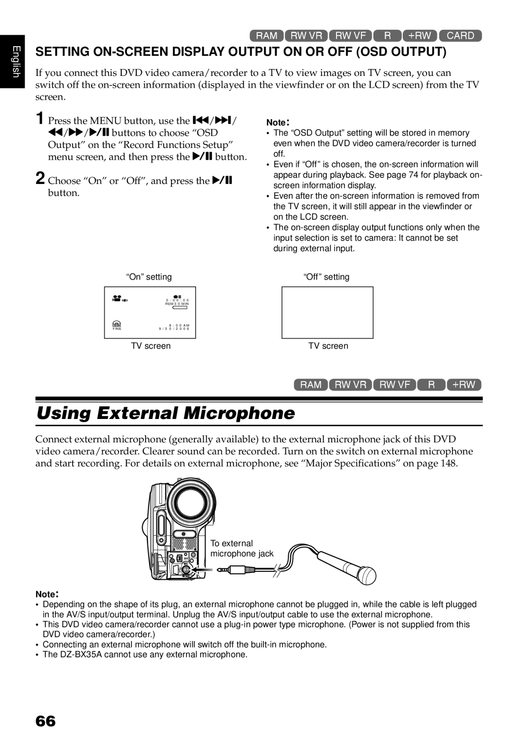 Hitachi DZ-GX3300A, DZ-GX3100A, DZ-BX35A Using External Microphone, Setting ON-SCREEN Display Output on or OFF OSD Output 