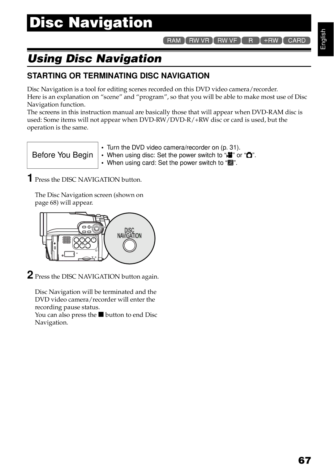 Hitachi DZ-GX3200A, DZ-GX3100A, DZ-BX35A, DZ-GX3300A Using Disc Navigation, Starting or Terminating Disc Navigation 