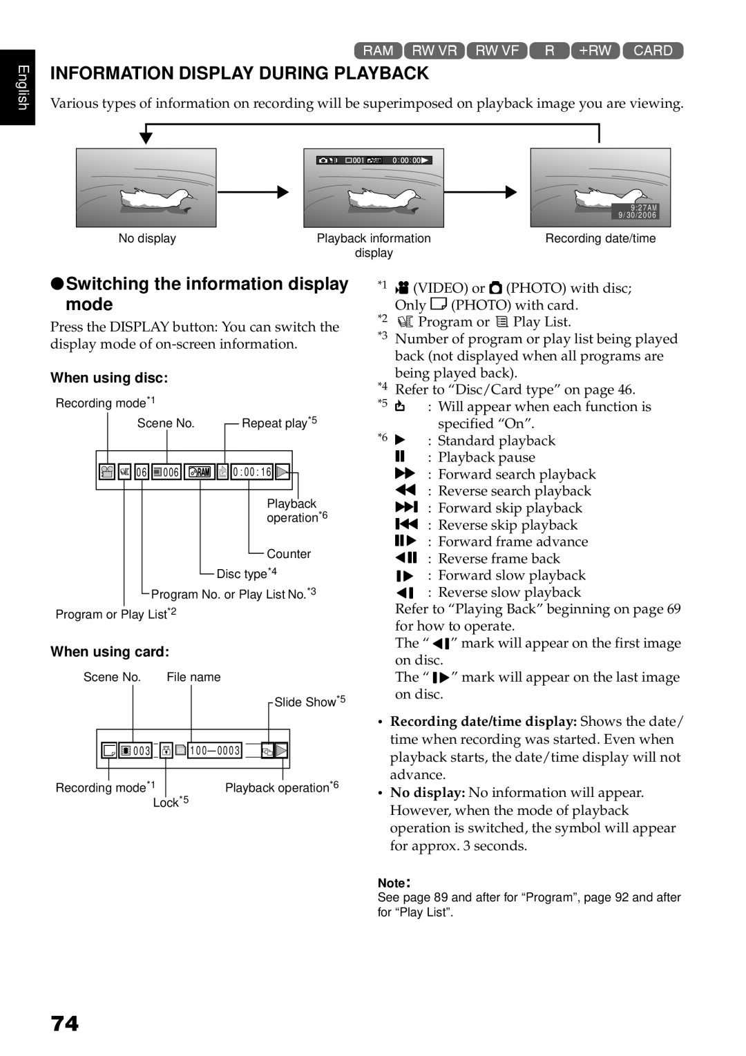 Hitachi DZ-GX3300A, DZ-GX3100A, DZ-BX35A Information Display During Playback, Switching the information display mode 