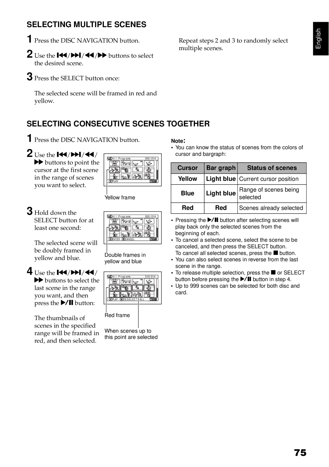 Hitachi DZ-GX3200A Selecting Multiple Scenes, Selecting Consecutive Scenes Together, Cursor Bar graph Status of scenes 