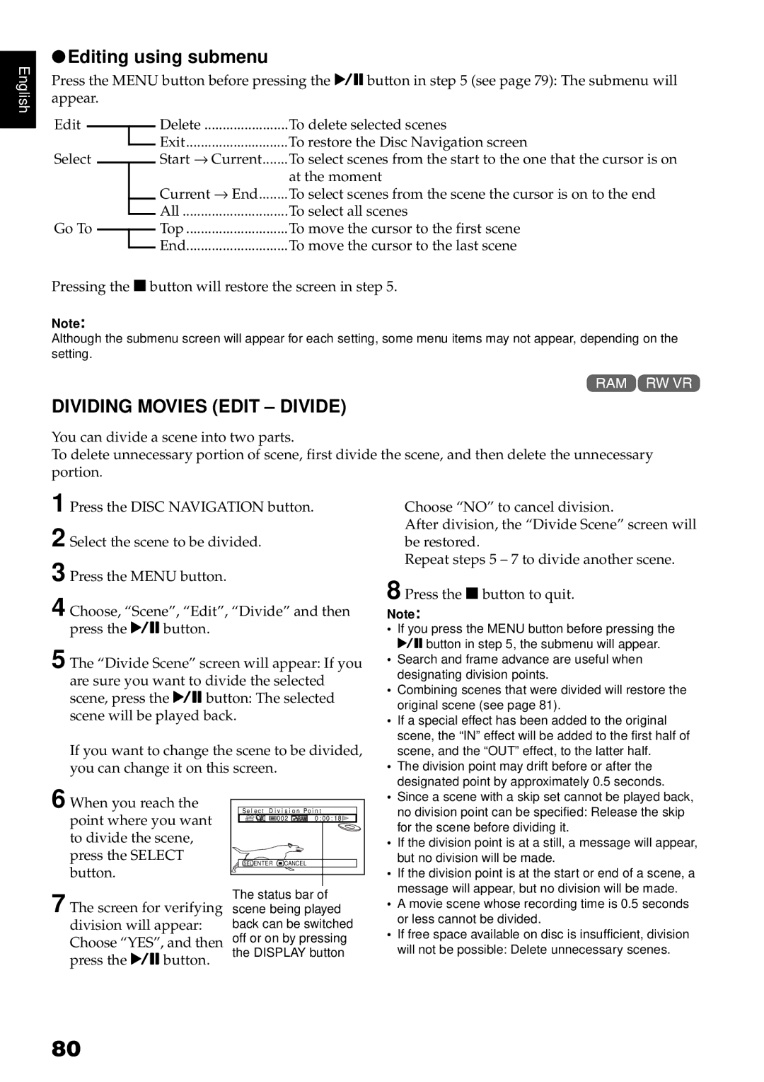 Hitachi DZ-GX3100A, DZ-BX35A, DZ-GX3300A, DZ-GX3200A instruction manual Editing using submenu, Dividing Movies Edit Divide 