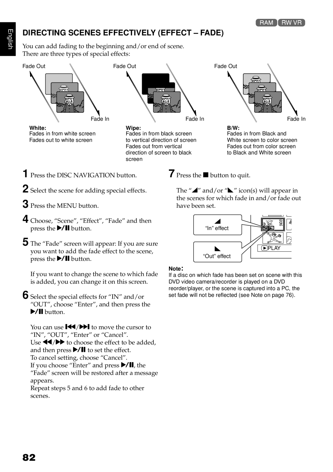 Hitachi DZ-GX3300A, DZ-GX3100A, DZ-BX35A, DZ-GX3200A instruction manual Directing Scenes Effectively Effect Fade, Wipe 