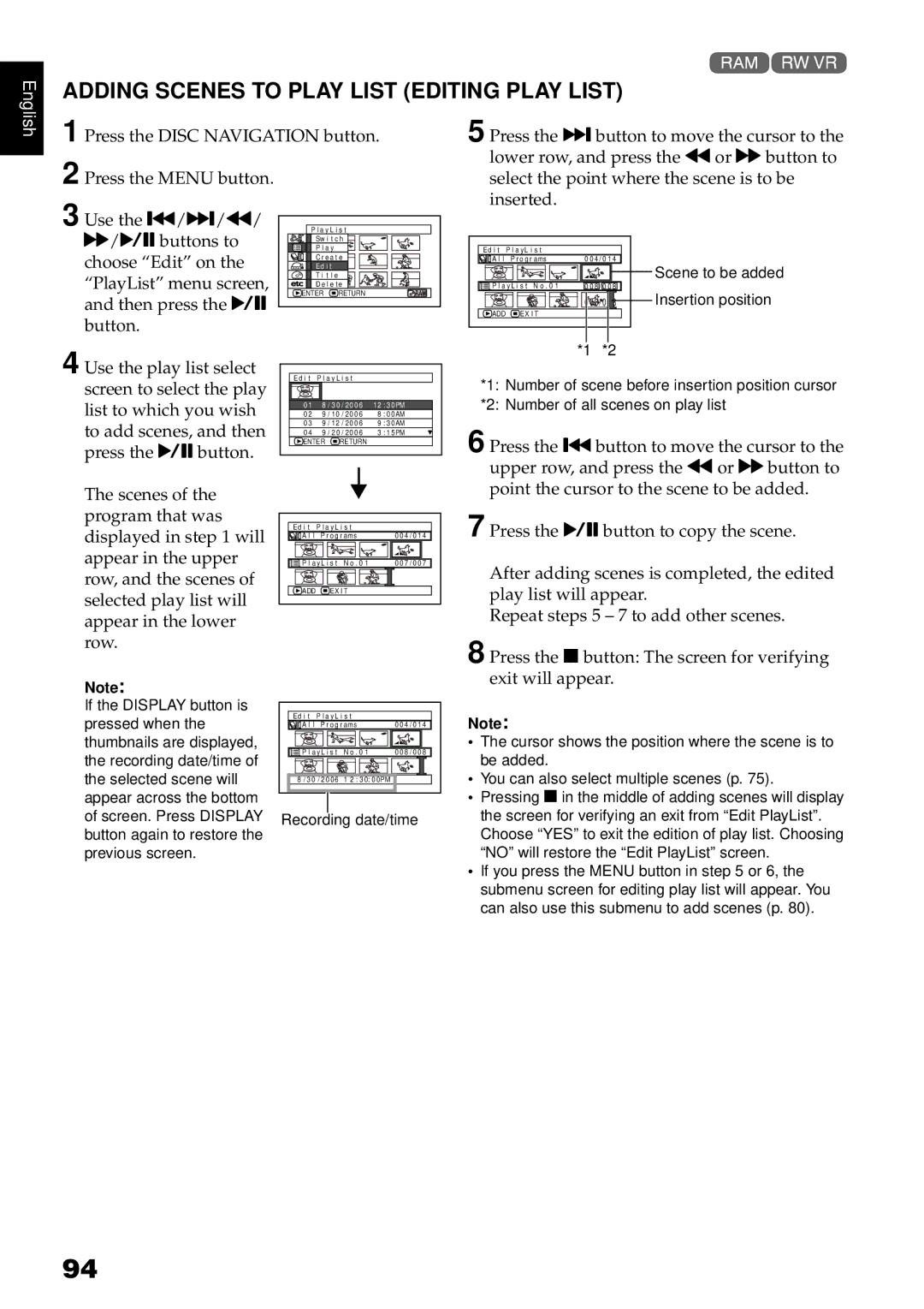 Hitachi DZ-GX3300A, DZ-GX3100A, DZ-BX35A, DZ-GX3200A instruction manual Adding Scenes to Play List Editing Play List, Row 