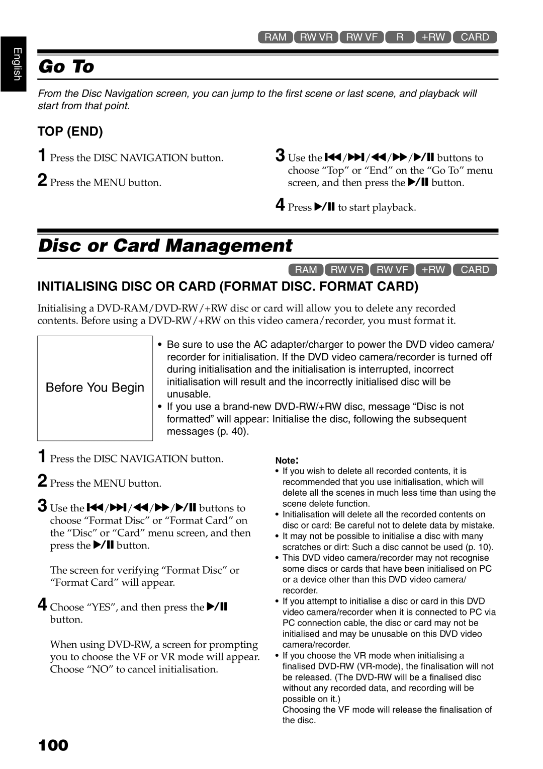 Hitachi DZ-GX5020E Go To, Disc or Card Management, 100, Top End, Initialising Disc or Card Format DISC. Format Card 