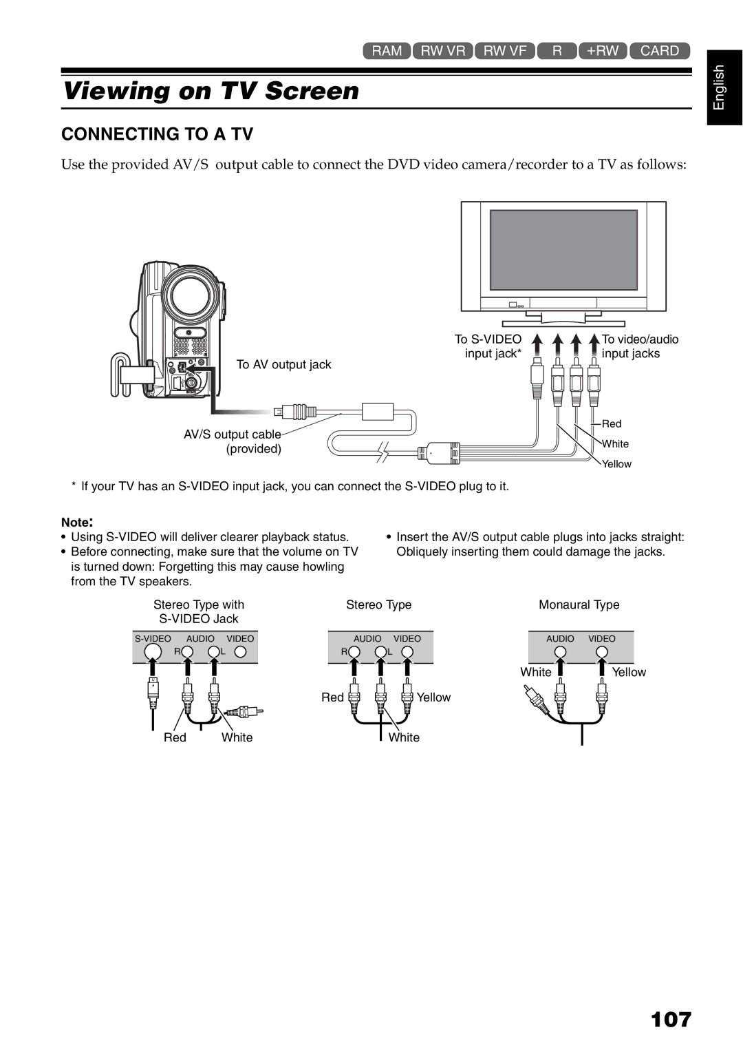 Hitachi DZ-GX5100E, DZ-GX5040E, DZ-GX5020E instruction manual Viewing on TV Screen, 107, Connecting to a TV 