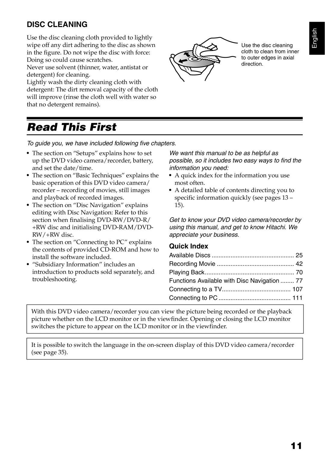 Hitachi DZ-GX5100E, DZ-GX5040E, DZ-GX5020E instruction manual Read This First, Disc Cleaning, Quick Index 