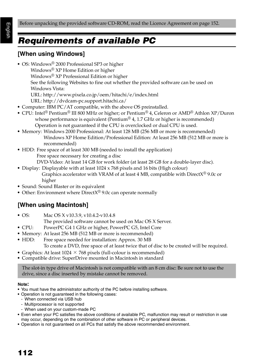 Hitachi DZ-GX5020E, DZ-GX5040E, DZ-GX5100E Requirements of available PC, 112, When using Windows, When using Macintosh 