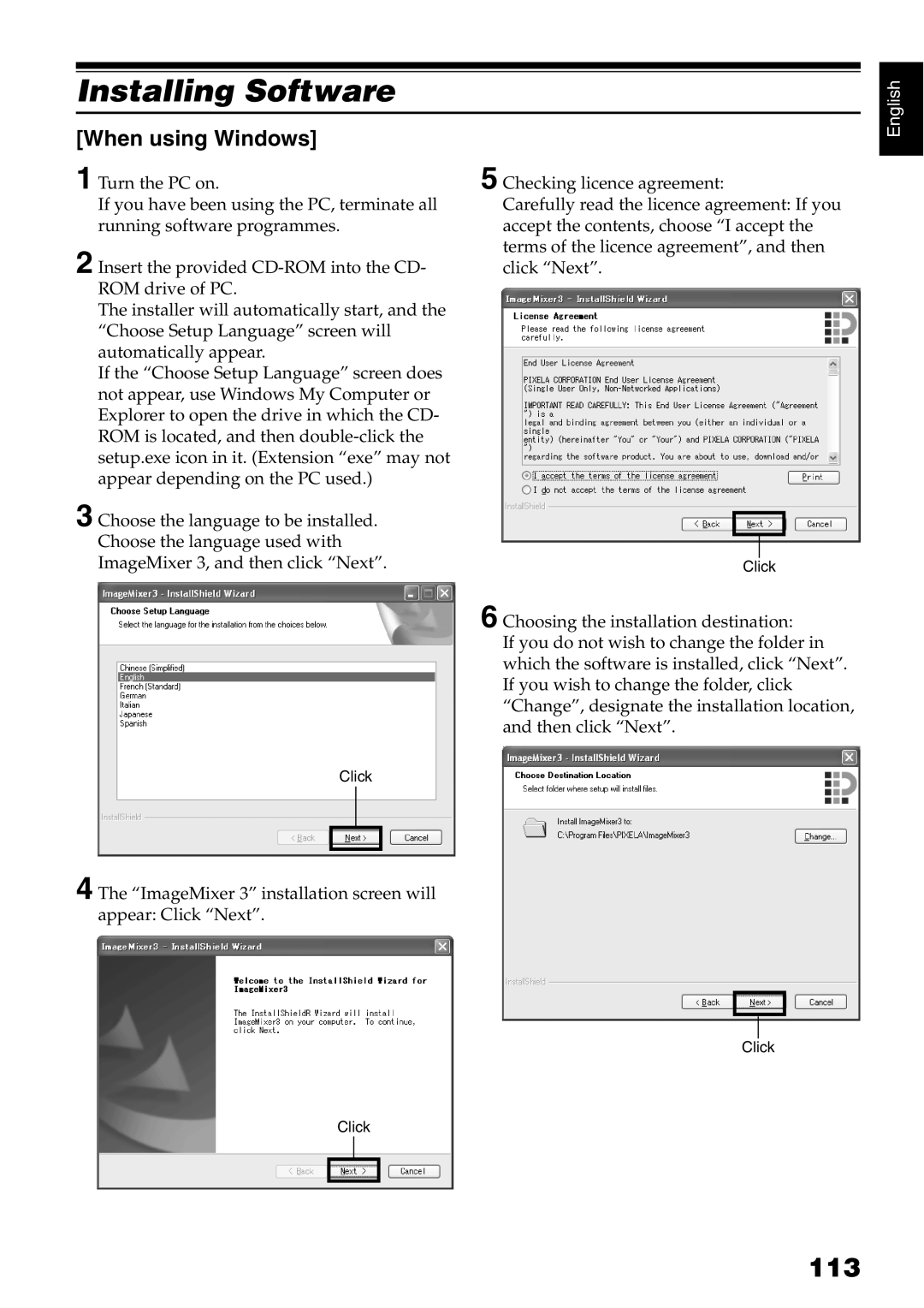 Hitachi DZ-GX5100E, DZ-GX5040E, DZ-GX5020E instruction manual Installing Software, 113 